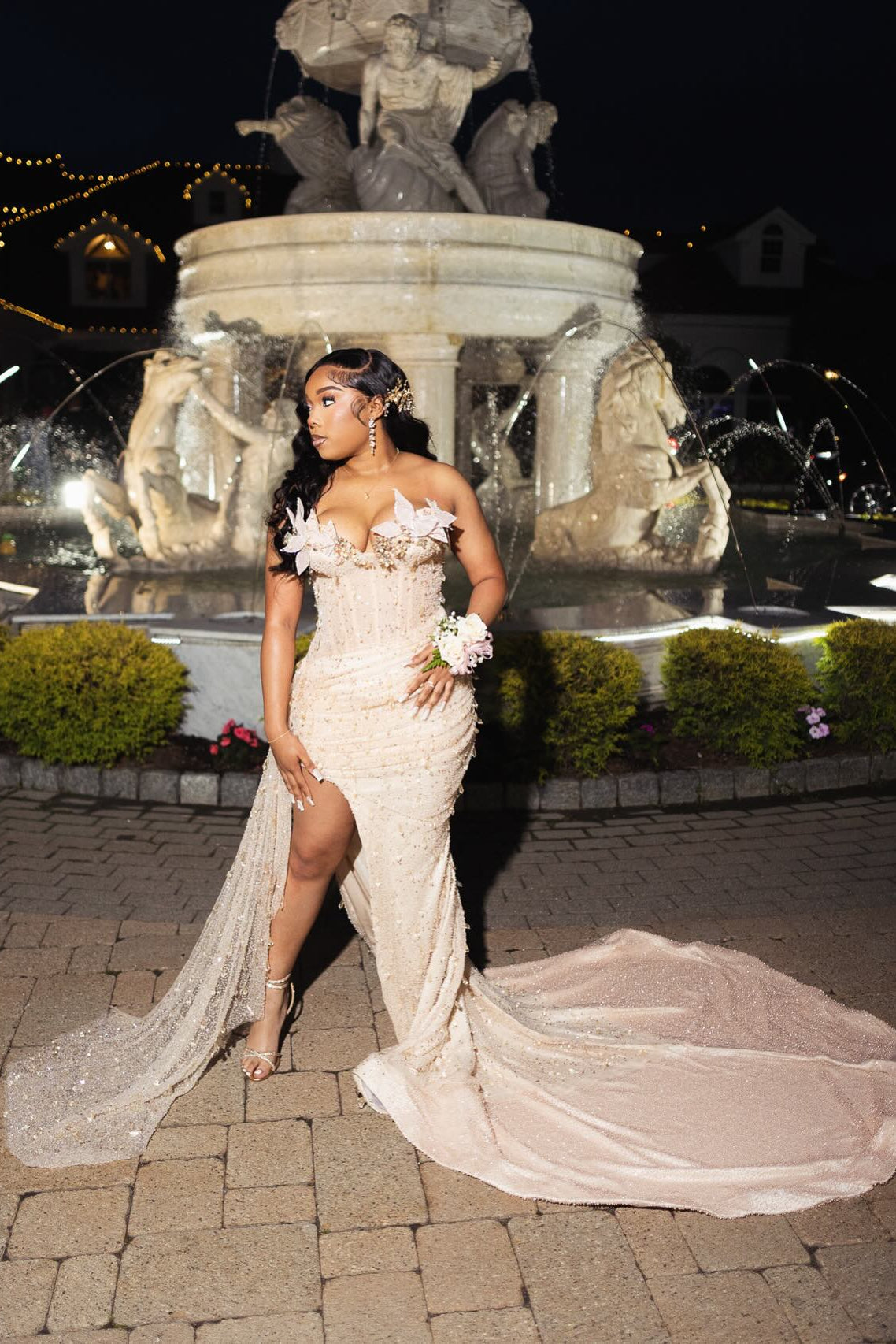 Champagne Plus Size Mermaid Prom Dress Strapless Sweetheart 3D White Feather Floral Applique Shoulder Sheer Illusion Boned Corset Heavy Champagne Gold Beading Sequin Rhinestone High Split Cathedral Train Gown
