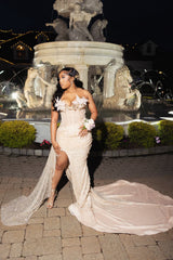 Champagne Plus Size Mermaid Prom Dress Strapless Sweetheart 3D White Feather Floral Applique Shoulder Sheer Illusion Boned Corset Heavy Champagne Gold Beading Sequin Rhinestone High Split Cathedral Train Gown