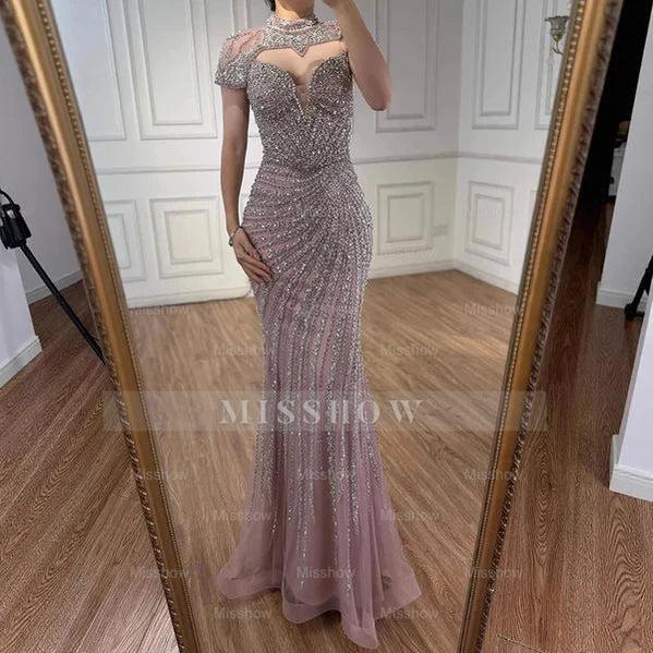 Champagne Rhinestone High Neck Cap Sleeve Beaded Mermaid Evening Dress Floor Length