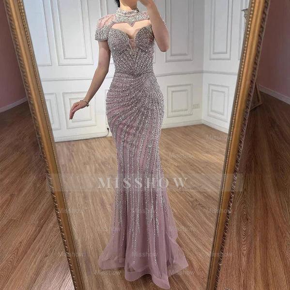 Champagne Rhinestone High Neck Cap Sleeve Beaded Mermaid Evening Dress Floor Length