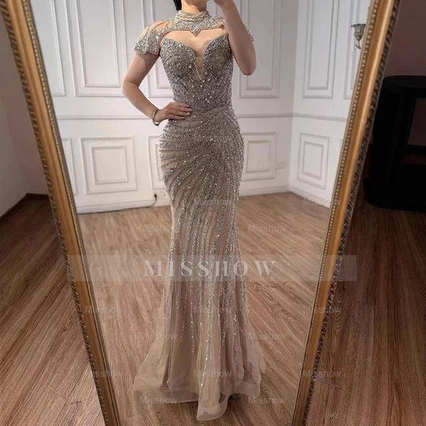 Champagne Rhinestone High Neck Cap Sleeve Beaded Mermaid Evening Dress Floor Length