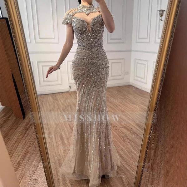 Champagne Rhinestone High Neck Cap Sleeve Beaded Mermaid Evening Dress Floor Length