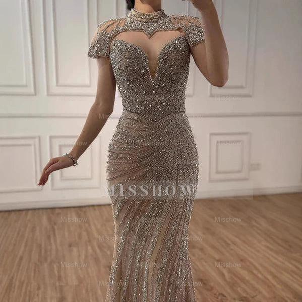 Champagne Rhinestone High Neck Cap Sleeve Beaded Mermaid Evening Dress Floor Length