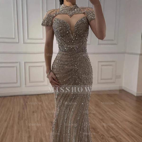 Champagne Rhinestone High Neck Cap Sleeve Beaded Mermaid Evening Dress Floor Length