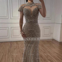 Champagne Rhinestone High Neck Cap Sleeve Beaded Mermaid Evening Dress Floor Length