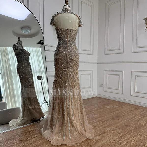 Champagne Rhinestone High Neck Cap Sleeve Beaded Mermaid Evening Dress Floor Length