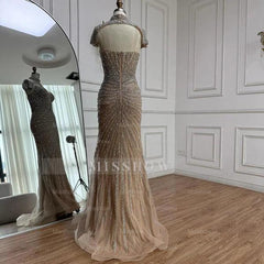Champagne Rhinestone High Neck Cap Sleeve Beaded Mermaid Evening Dress Floor Length