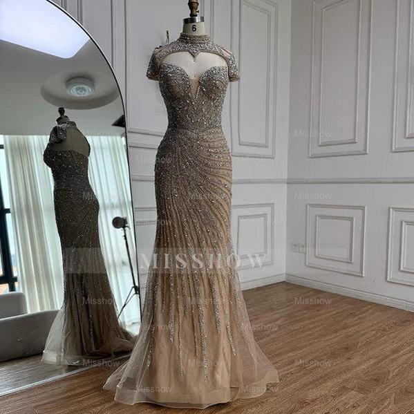 Champagne Rhinestone High Neck Cap Sleeve Beaded Mermaid Evening Dress Floor Length
