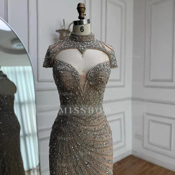 Champagne Rhinestone High Neck Cap Sleeve Beaded Mermaid Evening Dress Floor Length