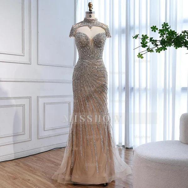 Champagne Rhinestone High Neck Cap Sleeve Beaded Mermaid Evening Dress Floor Length