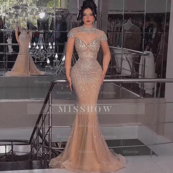 Champagne Rhinestone High Neck Cap Sleeve Beaded Mermaid Evening Dress Floor Length