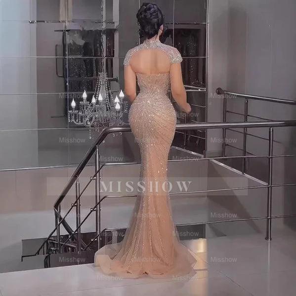 Champagne Rhinestone High Neck Cap Sleeve Beaded Mermaid Evening Dress Floor Length