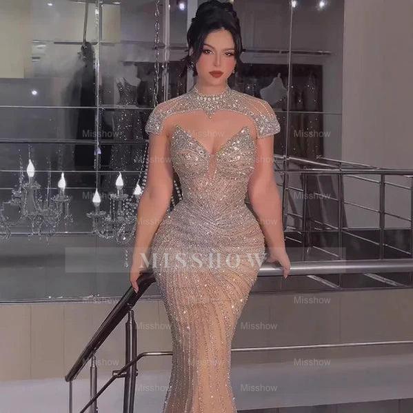 Champagne Rhinestone High Neck Cap Sleeve Beaded Mermaid Evening Dress Floor Length