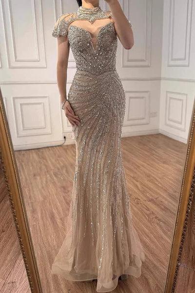 Champagne Rhinestone High Neck Cap Sleeve Beaded Mermaid Evening Dress Floor Length