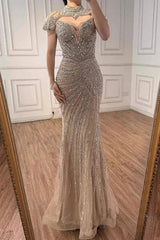 Champagne Rhinestone High Neck Cap Sleeve Beaded Mermaid Evening Dress Floor Length
