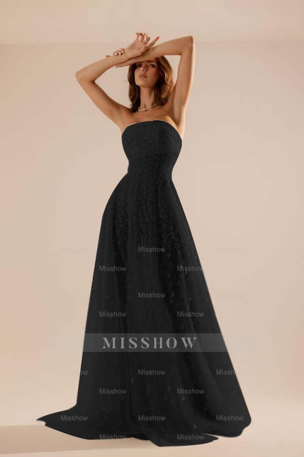 Champagne Rhinestone Strapless Beaded Tulle A-line Floor Length Formal Evening Dress