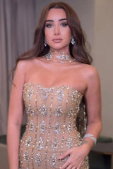 Champagne Rhinestone Strapless Sleeveless Column Beaded Floor Length Formal Evening Gown
