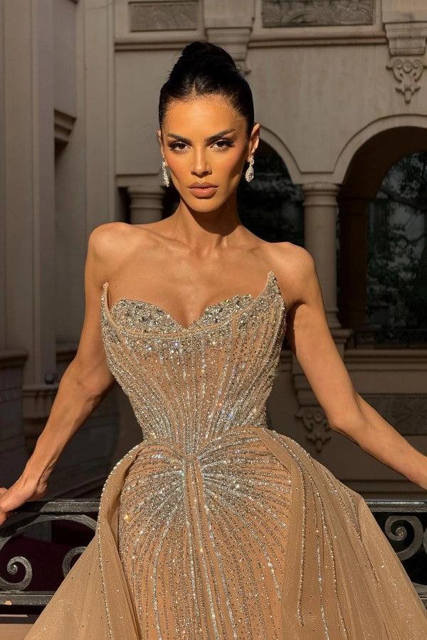 Champagne Rhinestone Strapless Sweetheart Beaded Mermaid Floor Length Formal Evening Gown