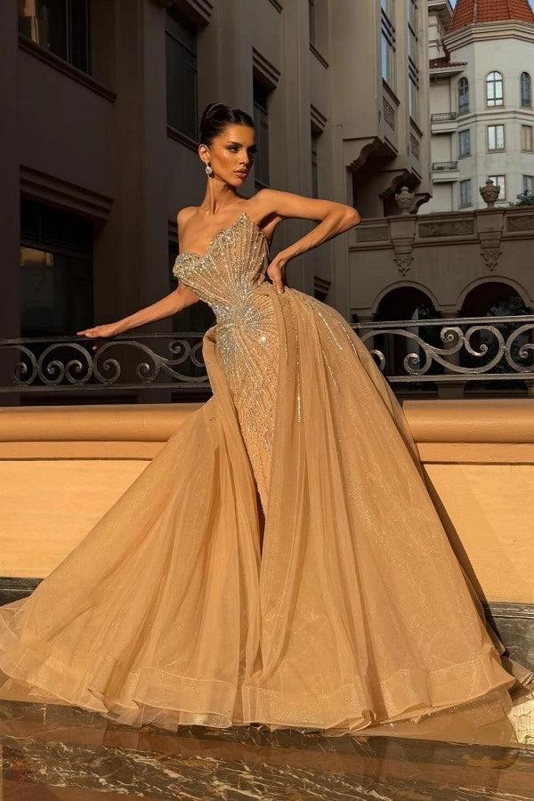 Champagne Rhinestone Strapless Sweetheart Beaded Mermaid Floor Length Formal Evening Gown
