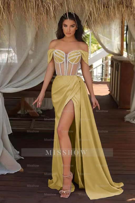 Champagne Ruffles Mermaid Formal Dress Beadings Split With Off the Shoulder