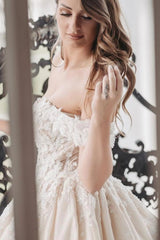 Champagne Satin Ball Gown Wedding Dress Off-the-Shoulder 3D Floral Lace Cap Sleeve Fully 3D Flower Applique Corset Bodice Voluminous Skirt Cathedral Train Bridal Gown