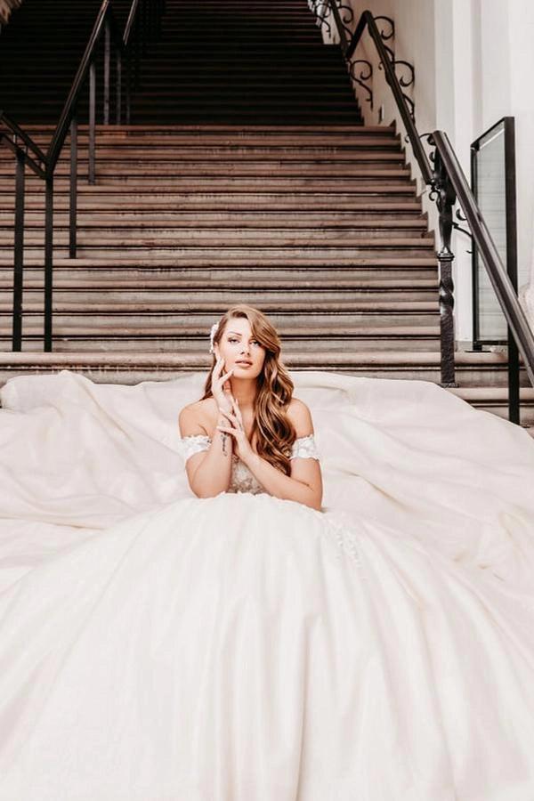 Champagne Satin Ball Gown Wedding Dress Off-the-Shoulder 3D Floral Lace Cap Sleeve Fully 3D Flower Applique Corset Bodice Voluminous Skirt Cathedral Train Bridal Gown
