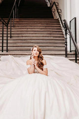 Champagne Satin Ball Gown Wedding Dress Off-the-Shoulder 3D Floral Lace Cap Sleeve Fully 3D Flower Applique Corset Bodice Voluminous Skirt Cathedral Train Bridal Gown