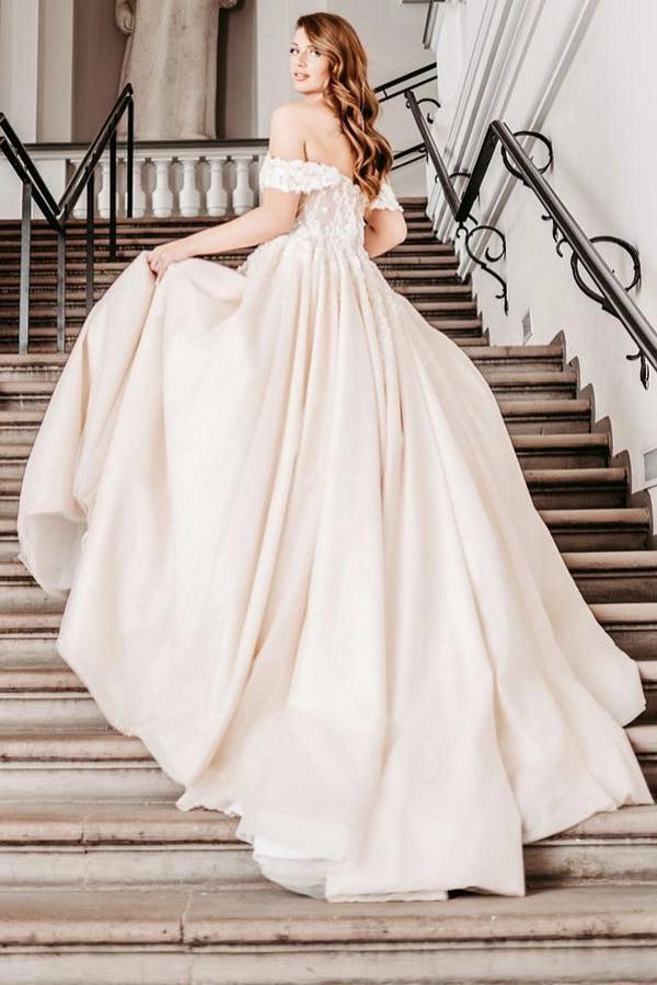 Champagne Satin Ball Gown Wedding Dress Off-the-Shoulder 3D Floral Lace Cap Sleeve Fully 3D Flower Applique Corset Bodice Voluminous Skirt Cathedral Train Bridal Gown