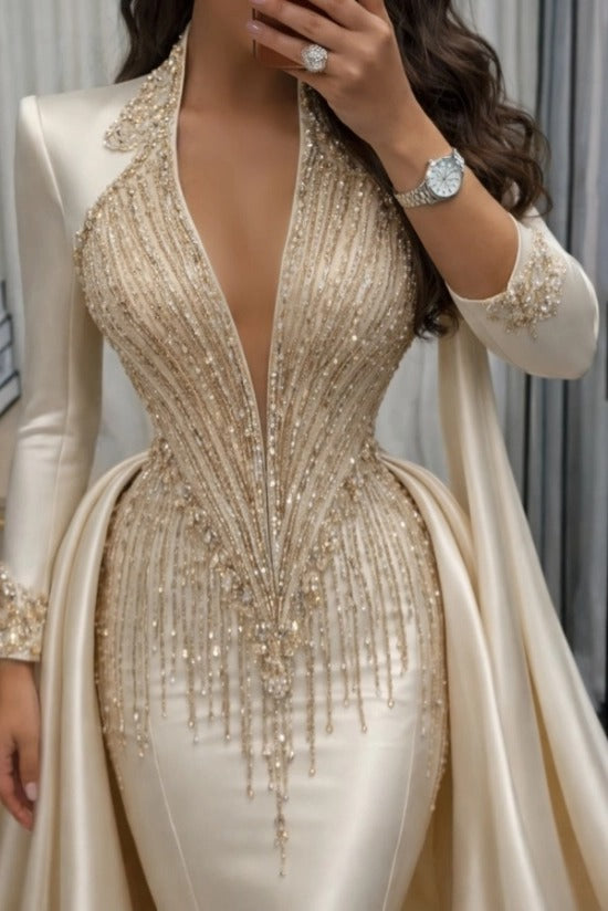 Champagne Satin Mermaid Evening Dress Deep V-Neck Long Sleeve Crystal Chain Beading Corset Detachable Overskirt Formal Gown