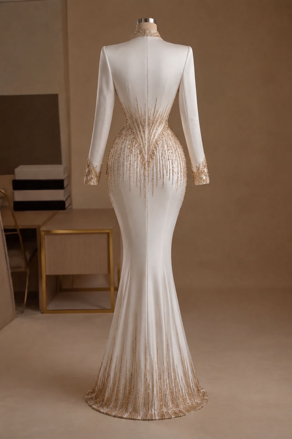 Champagne Plunging V-Neck Long Sleeve rhinestone Chain Beading Mermaid Formal Evening Gown