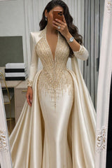 Champagne Plunging V-Neck Long Sleeve rhinestone Chain Beading Mermaid Formal Evening Gown