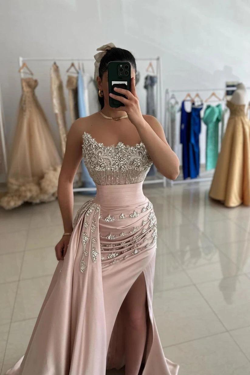 Champagne Satin Mermaid Evening Gown Strapless Illusion Crystal Beaded Bodice Tassel Fringe Draped Waist High Slit Cathedral Train