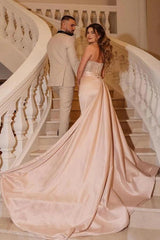 Champagne Satin Mermaid Evening Gown Strapless Illusion Crystal Beaded Bodice Tassel Fringe Draped Waist High Slit Cathedral Train