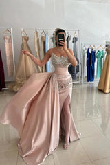 Champagne Satin Mermaid Evening Gown Strapless Illusion Crystal Beaded Bodice Tassel Fringe Draped Waist High Slit Cathedral Train