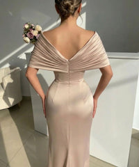 Champagne Satin Mermaid Formal Dress Off-the-Shoulder Deep V Neck Ruched Split Front Floor Length Evening Gown