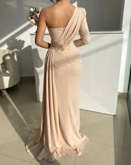 Champagne Satin Mermaid Formal Dress One Shoulder Long Sleeve Ruched Beaded Split Sweep Train Evening Gown