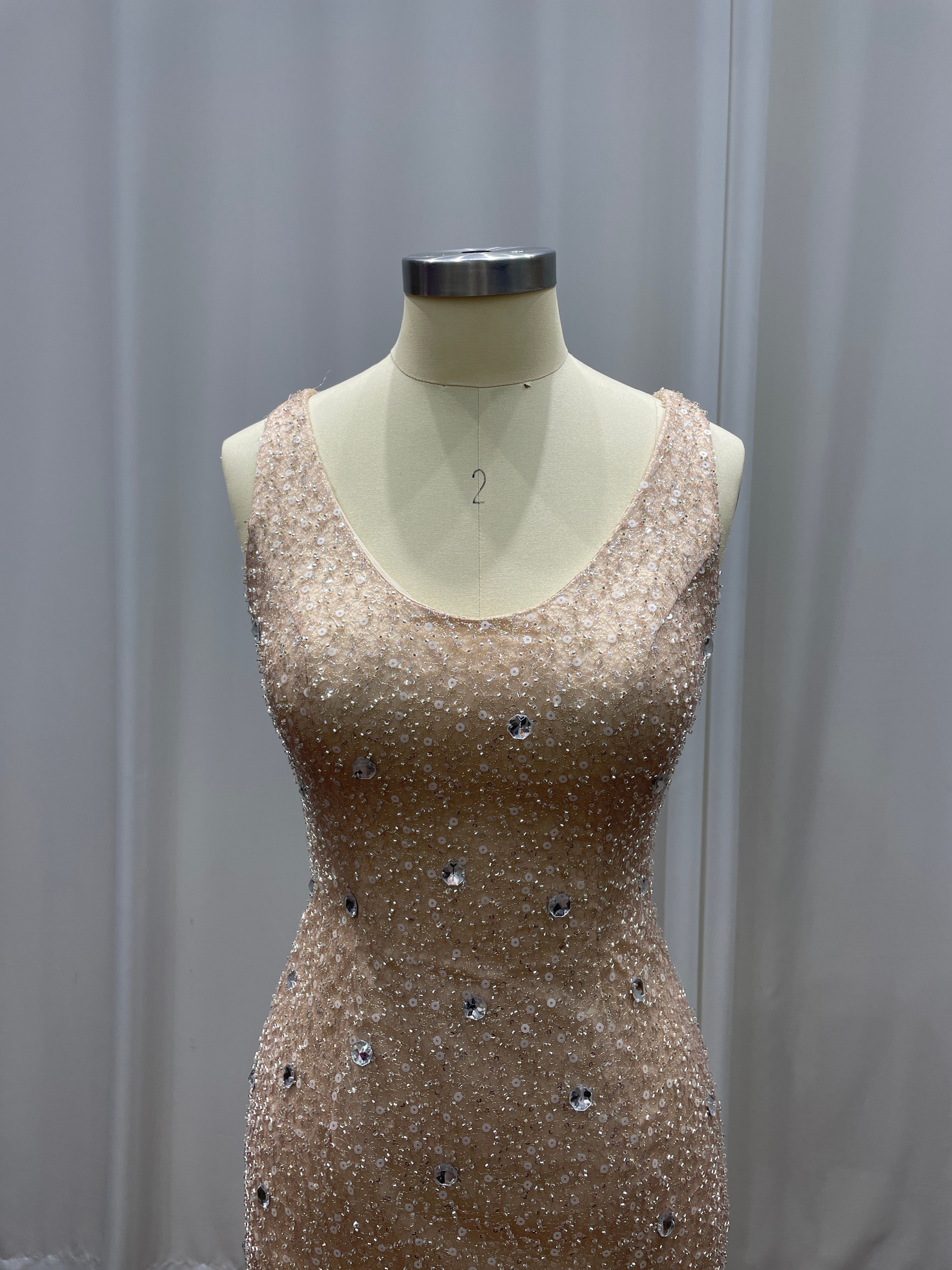 Champagne Scoop Sequined Column Long Evening Dresses with Sweep Train