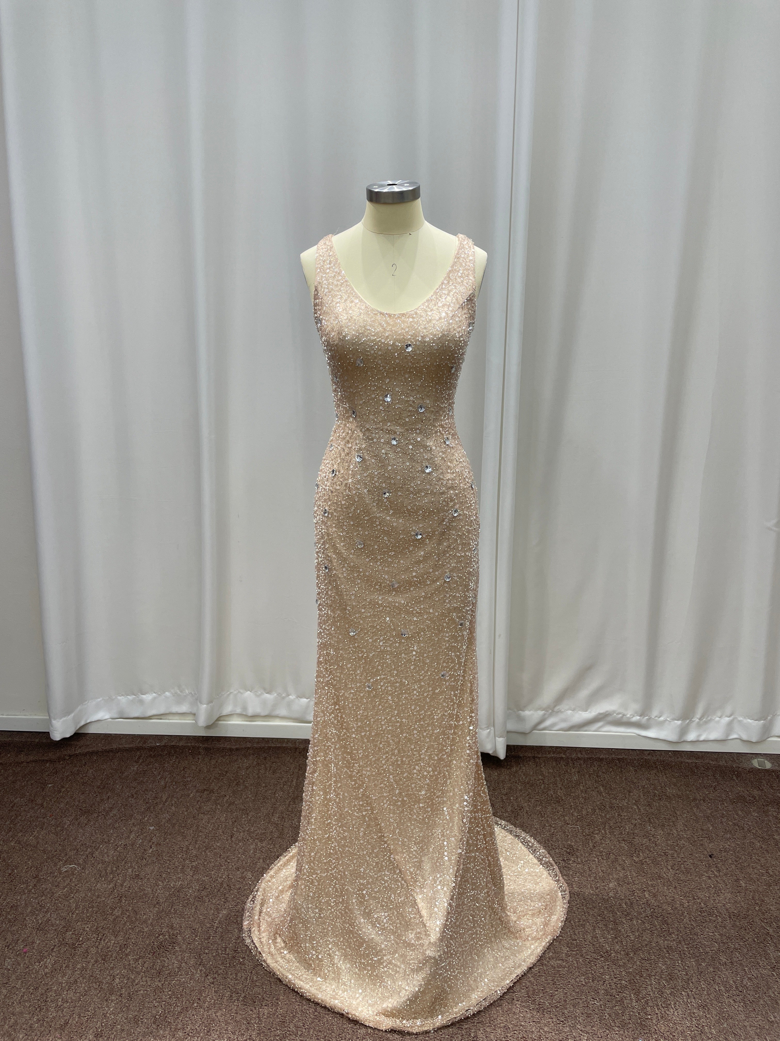 Champagne Scoop Sequined Column Long Evening Dresses with Sweep Train