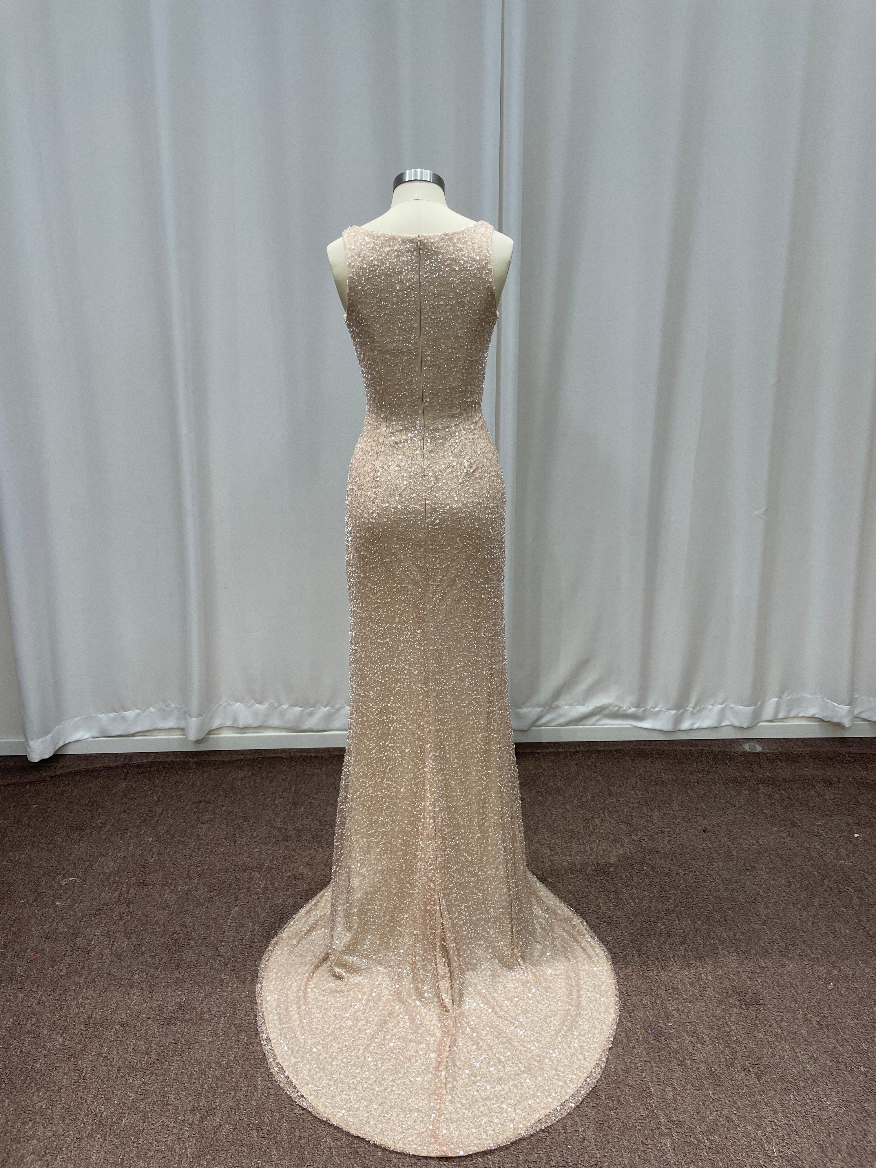 Champagne Scoop Sequined Column Long Evening Dresses with Sweep Train