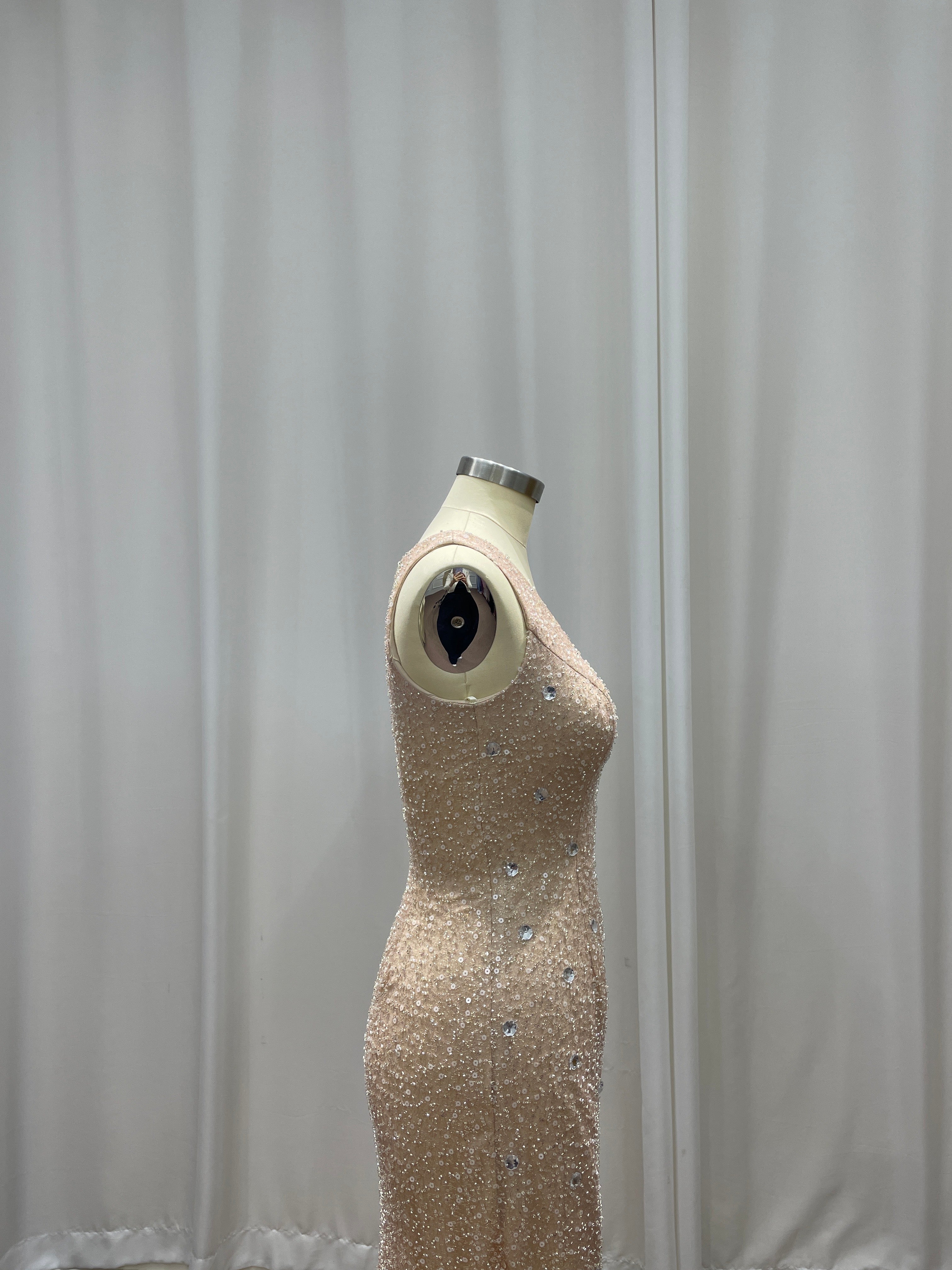 Champagne Scoop Sequined Column Long Evening Dresses with Sweep Train