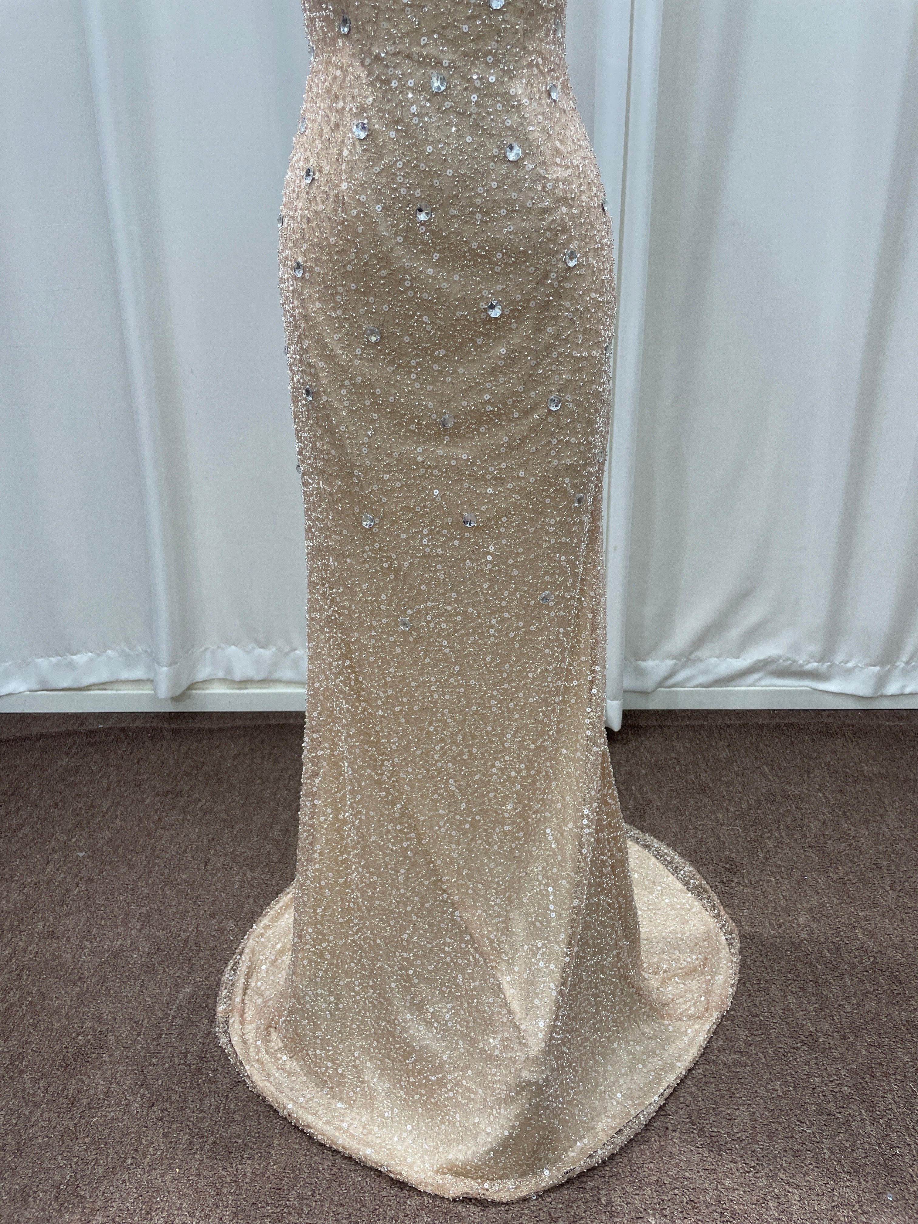 Champagne Scoop Sequined Column Long Evening Dresses with Sweep Train