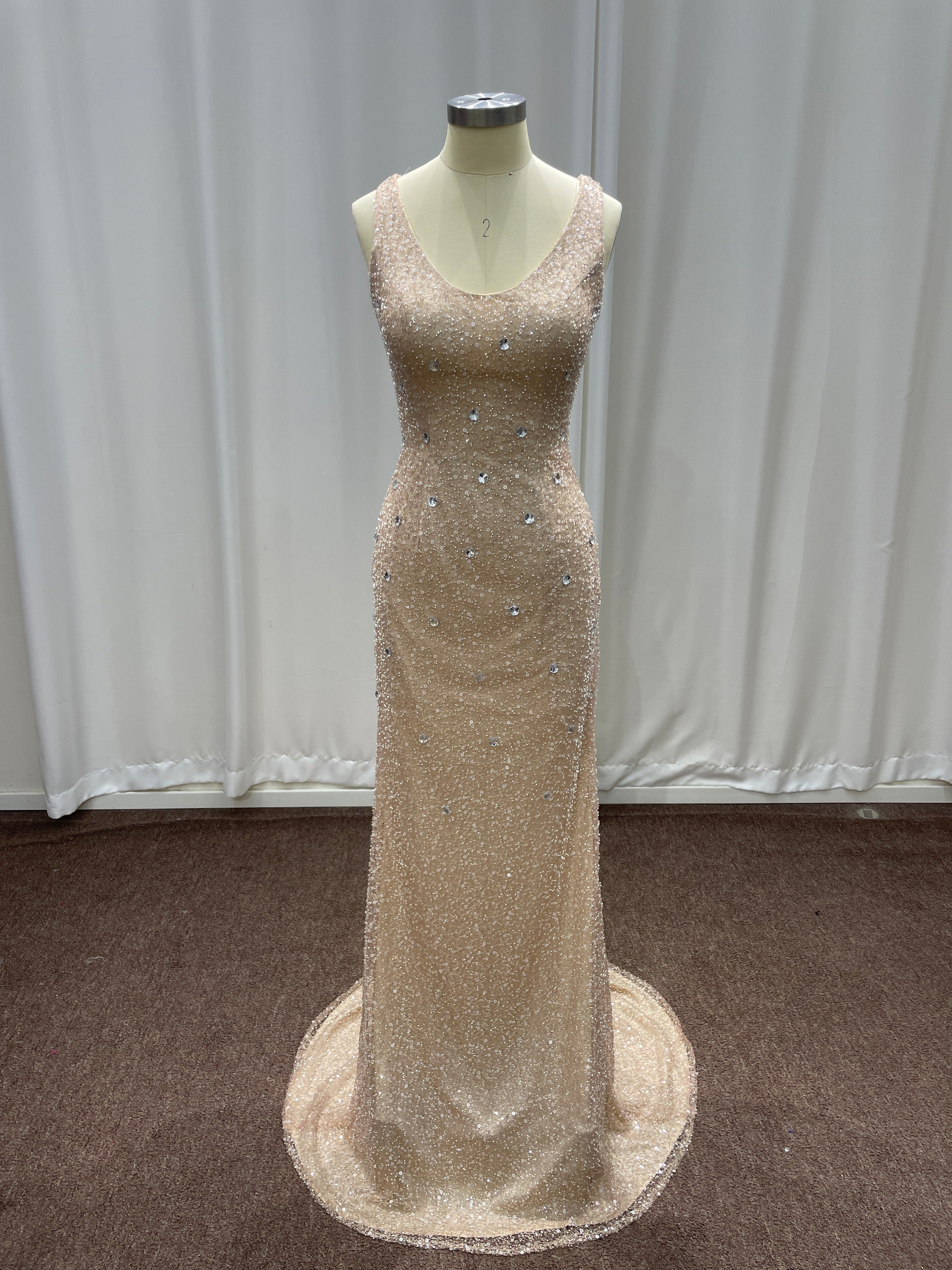 Champagne Scoop Sequined Column Long Evening Dresses with Sweep Train