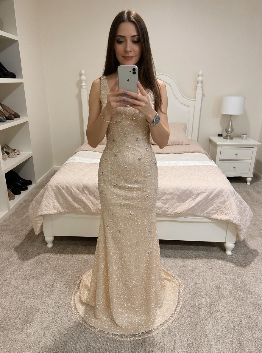 Champagne Scoop Sequined Column Long Evening Dresses with Sweep Train