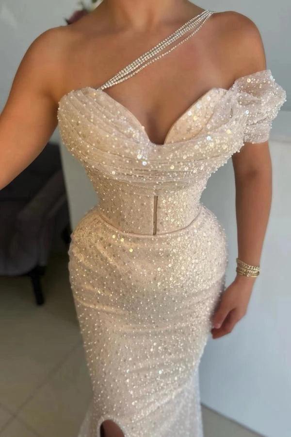 Champagne Sequin Pearl Mermaid Evening Dress Off-the-Shoulder Sweetheart Draped Neckline Crystal Chain One-Shoulder Strap Allover Sequin Pearl Bodice Metal Corset Waist Thigh-High Slit Formal Gown