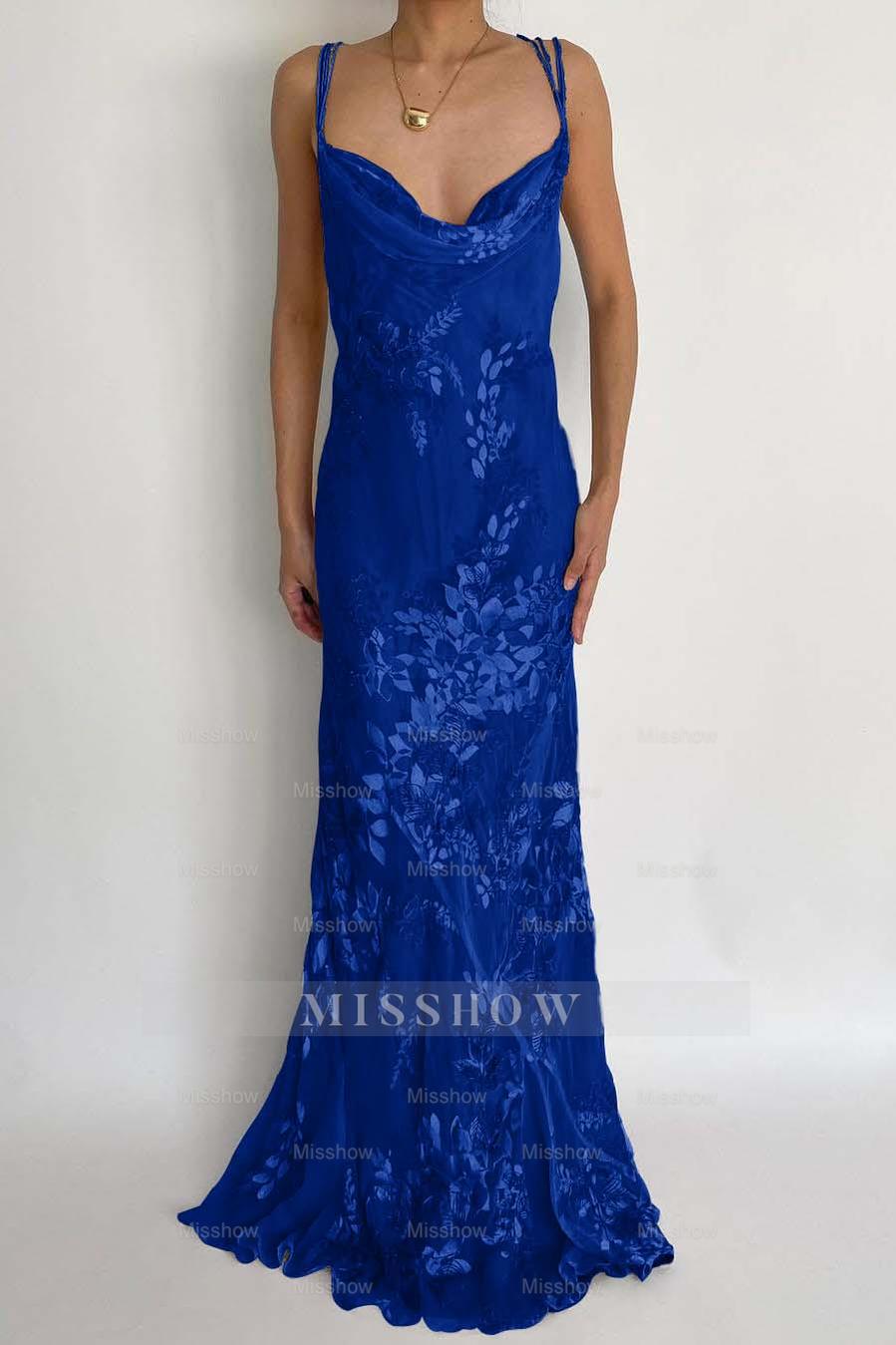 Royal blue spaghetti straps applique mermaid evening dress