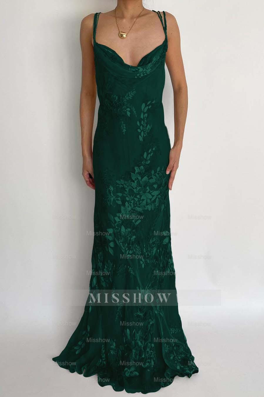 Dark green spaghetti straps applique mermaid evening dress