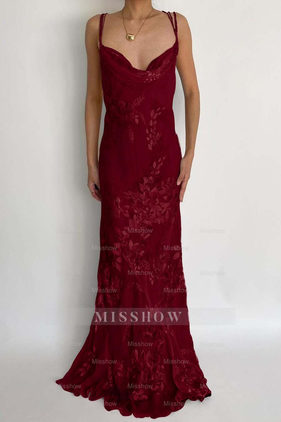 Burgundy spaghetti straps applique mermaid evening dress