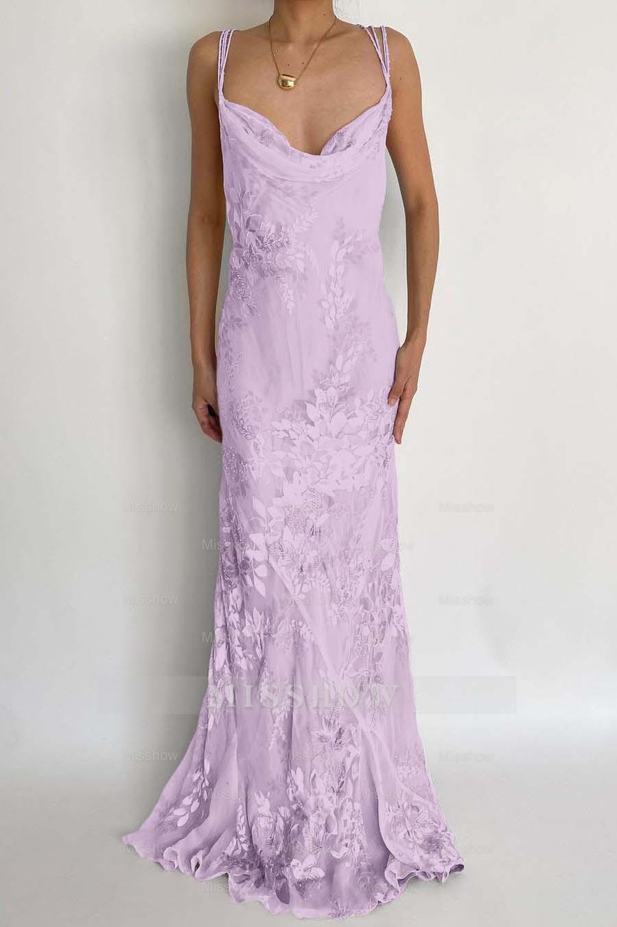 Lilac spaghetti straps applique mermaid evening dress