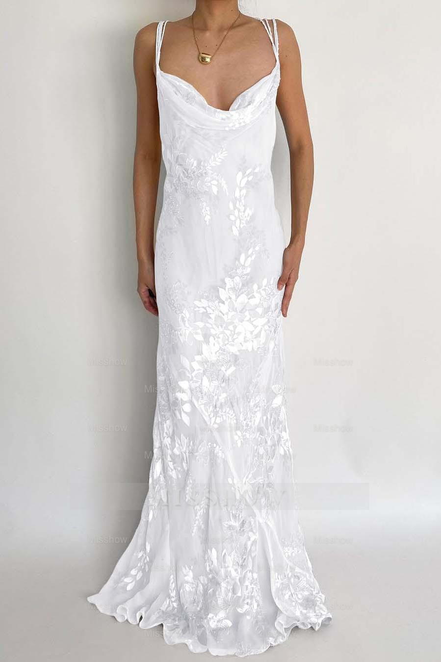 White spaghetti straps applique mermaid evening dress
