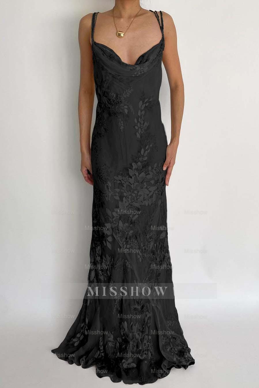 Black spaghetti straps applique mermaid evening dress